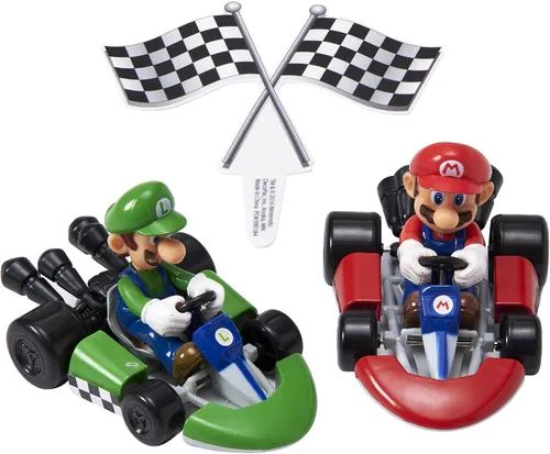 Vista 2 de DecoSet® Mario Kart™ Adorno para Pastel, Decoración de Pastel de 3 Piezas con Adornos de Kart de Carreras y Decoración de Bandera a Cuadros, Karts