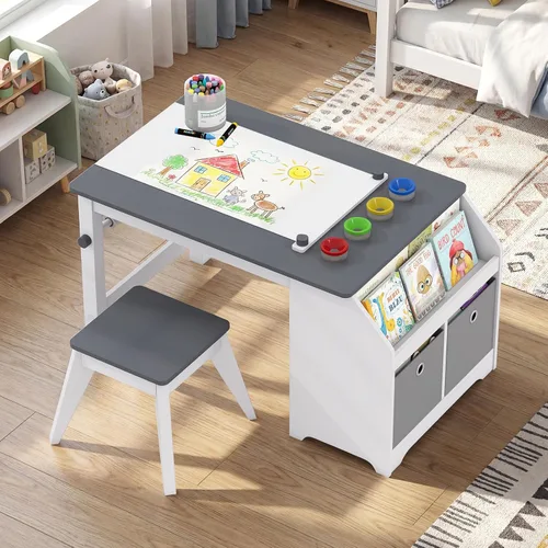Vista 9 de Costzon Mesa y sillas de arte para niños, juego de escritorio de actividades de madera con rollo de papel, 4 tazas de pintura, estantes de Gris