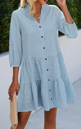 Vista 7 de CCTOO - Vestido de verano para mujer - Vestido camisero informal con cuello en V, manga 34y botones, estampado floral, suelto y fluido