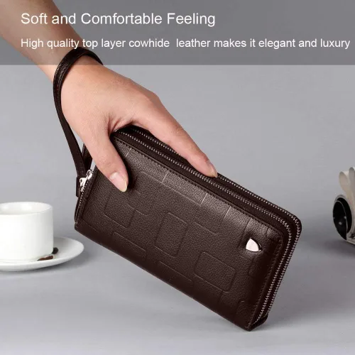 Vista 2 de Bolso de mano para hombre, bolso de cuero genuino con cremallera, cartera larga para negocios, bolso de mano grande