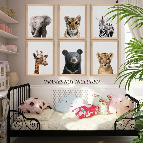 Vista 4 de EPHANY Pósteres y Impresiones de Animales de Safari para Bebés, Pintura sobre Lienzo para Guardería, Arte de Pared con Elefante, Tigre, Ciervo, Oso