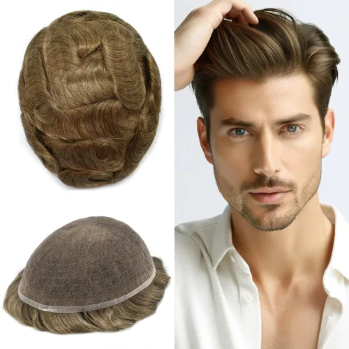Vista 37 de Peluca de cabello humano con encaje completo, línea capilar real, para hombre, peluca de cabello con nudo blanqueado, pieza de pelo para hombres