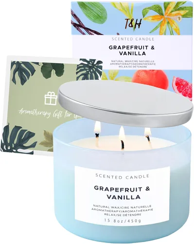 Vista 9 de Vela de soja de 3 mechas de vainilla de pomelo Vela perfumada grande de 15.8 onzas para el hogar Vela de aromaterapia altamente perfumada