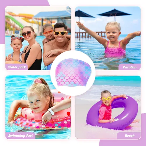 Vista 7 de Paquete de 2 gorros de natación impermeables de silicona para niños y niñas (3-8 años), diseño de sirena de unicornio, gorro de natación para niños