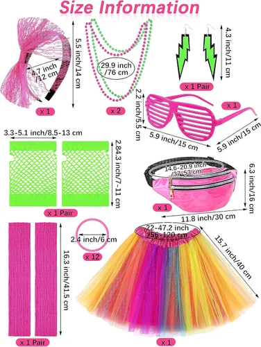 Vista 3 de AOTHSO 24 piezas de Halloween 80 para mujer, disfraz de red de neón, falda tutú, pantalones, bolsa de cintura, anteojos, diadema, aretes, calentador