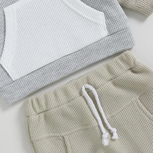 Vista 7 de MERSARIPHY Conjunto de ropa para bebé niño, sudadera con capucha de manga larga con bloques de color, sudadera con capucha, pantalones, trajes