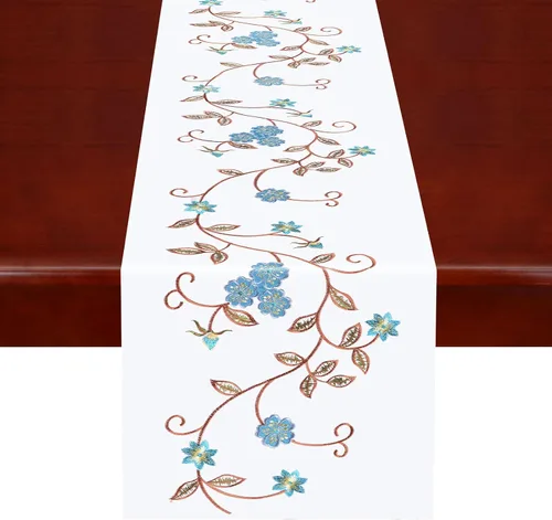 Vista 8 de Caminos de mesa pequeños y cortos de doble grosor con bordado floral rústico para primavera y verano, bufanda de tocador (azul, 14 x 35 pulgadas)