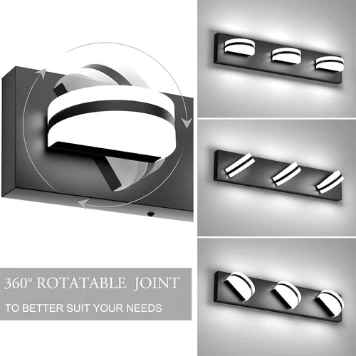Vista 4 de Aipsun Lámpara de tocador negra moderna regulable, luz LED acrílica, 3 luces de pared de baño (luz blanca, 6000 K)