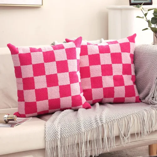 Vista 25 de Alysheer Fundas de almohada decorativas bordadas a cuadros 18"x 18", juego de 2, fundas de almohada de algodón con patrón tuftado de cuadros
