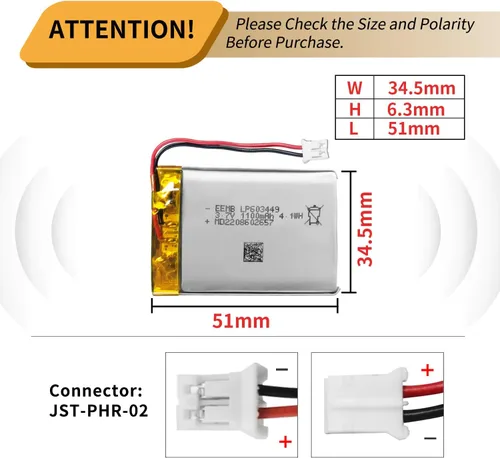 Vista 3 de EEMB Batería de iones de litio de 3.7 V 1100 mAh 603449 recargable de 3.7 voltios Lipo con conector JST de cable para altavoz y cámara
