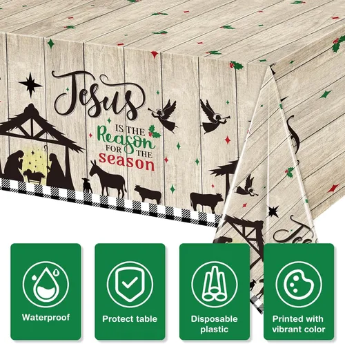Vista 3 de WovWeave Mantel de Navidad de 3 piezas, mantel de Navidad con texto en inglés "Merry Christmas", mantel rectangular de plástico con diseño de Jesús