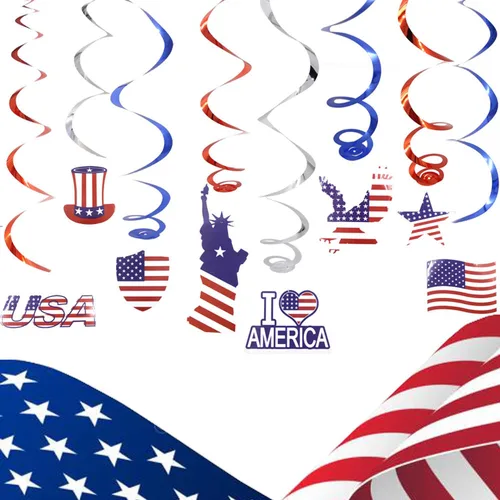 Vista 6 de ZERODECO Suministros de fiesta de Estados Unidos, juego de abanicos de papel azul marino y rojo, con pompones de estrella, remolinos colgantes