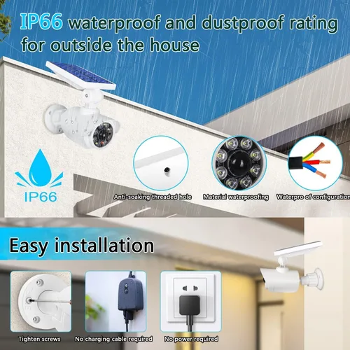 Vista 5 de Sensor de movimiento solar de seguridad al aire libre, cámara simulada IP66 impermeable, luz de seguridad alimentada por energía solar para patio