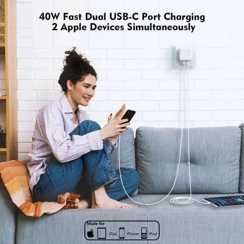 Vista 5 de Cargador rápido para iPhone, cargador para iPhone 14 [certificado MFi] de 40 W, bloque de cargador de pared plegable de doble puerto USB-C rápido