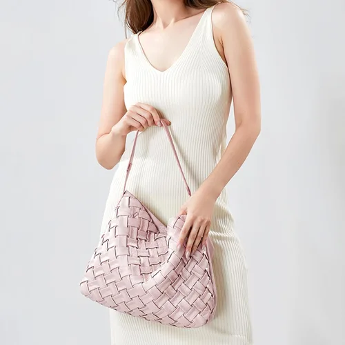 Vista 7 de Bolso tejido para mujer, bolso de mano de cuero vegano, bolso de mano retro, hecho a mano, grandes bolsas de hombro de playa de verano