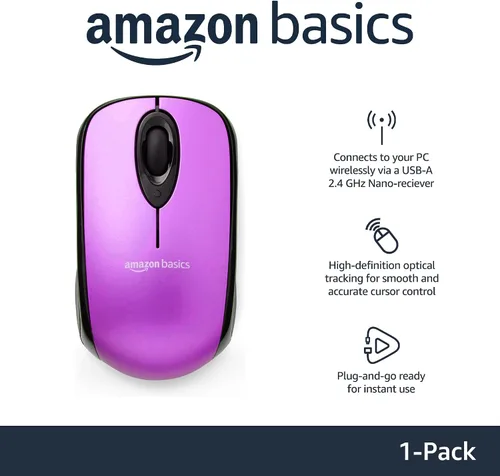 Vista 2 de Amazon Basics Ratón óptico inalámbrico para computadora de 2,4 GHz con receptor nano USB, morado