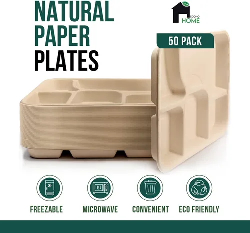 Vista 2 de EconoHome Paquete de 50 platos desechables con 5 compartimentos, bandeja compostable de caña de azúcar y bagazo ecológica, apta para microondas