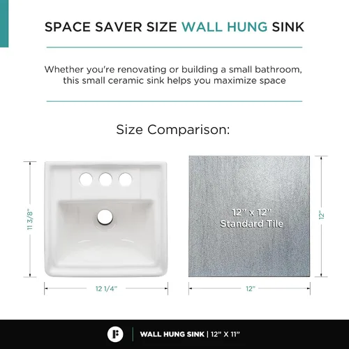 Vista 5 de Fregadero de pared para baño pequeño de 12,4" x 11", color blanco