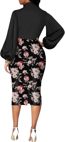Vista 2 de BestGirl Vestidos ajustados de manga obispo para mujer, vestidos de trabajo casuales con estampado floral