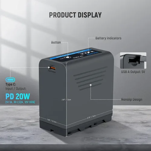 Vista 2 de Neewer Batería de repuesto NP-F970 de 10500 mAh, tiempo de carga completa de 4.8 horas, cable USB C de carga rápida PD de 20 W, batería recargable