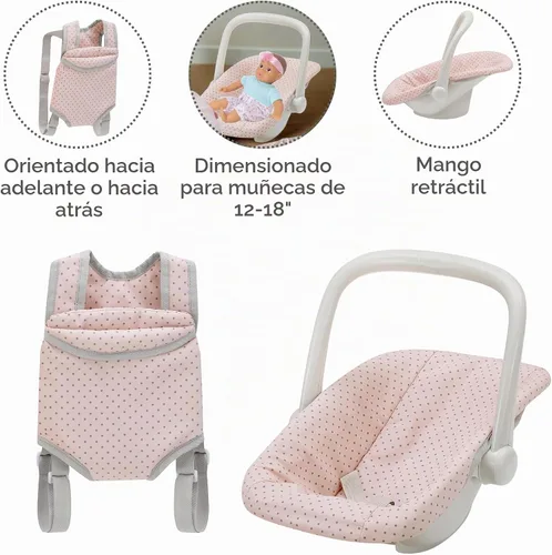 Vista 4 de Olivia's Little World Conjunto de Portabebés y Asiento de Coche de Muñeca Bebé Princesa de Lunares, Rosa/Gris Rosa/Gris