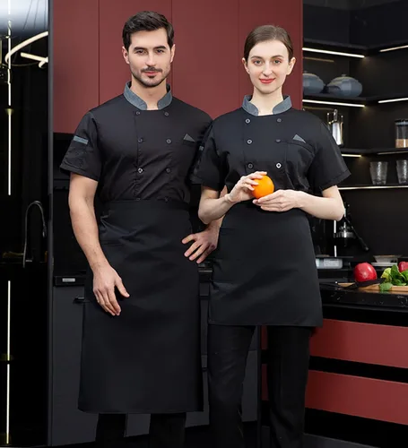 Vista 2 de Chaqueta de chef unisex con doble botonadura trasera, malla completa, ligera, costura de color, uniforme de chef