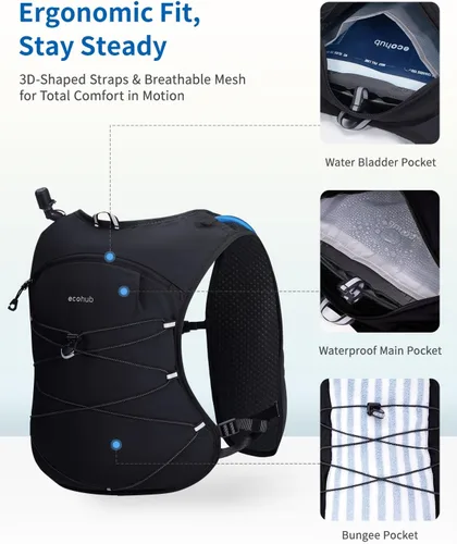 Vista 3 de ECOHUB Mochila de hidratación para correr, mochila ligera de hidratación para senderismo, ciclismo, maratón, mochila para mujeres y hombres