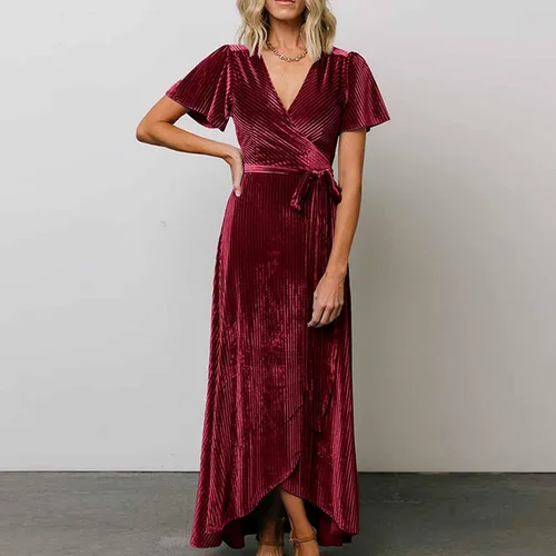Vista 6 de Vestido de fiesta de terciopelo acanalado para mujer, cuello en V, manga corta, lazo en la cintura, fiesta de noche, longitud al suelo, vestido
