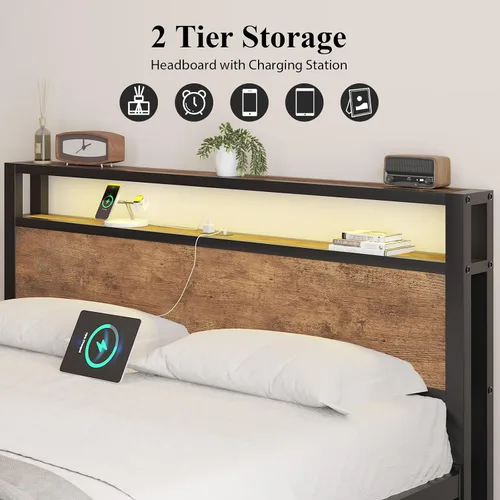 Vista 15 de LOEWAY Base de cama tamaño Queen con cabecero de almacenamiento y luces LED, color gris