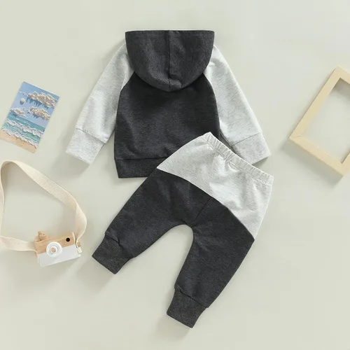 Vista 136 de Ropa de bebé niño 3 6 9 12 18 24M 3T Conjunto de pantalones con capucha patchwork sudadera con capucha pantalones de rayas traje de otoño invierno