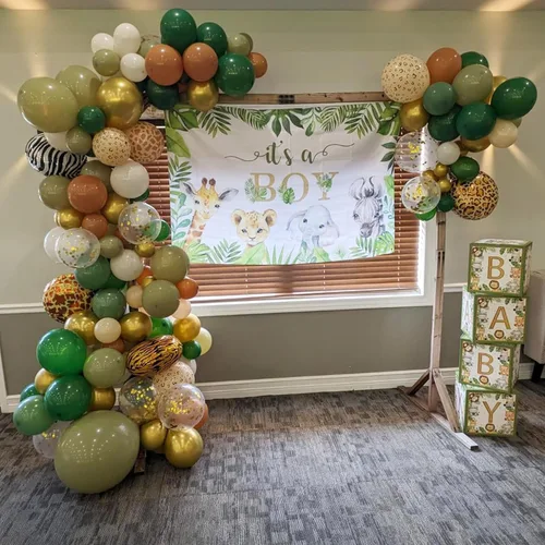 Vista 8 de Globos de color verde salvia marrón, paquete de 60 globos con estampado Verde Marrón Oro