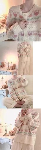 Vista 6 de CYee Suéter de punto con estampado floral Y2K para mujer, suéter de manga larga con botones, suéter estético para exteriores