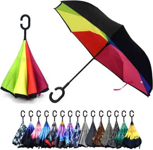 Vista 5 de Paraguas invertido negro de doble capa, mango en forma de C, plegable, resistente al viento, para hombres y mujeres