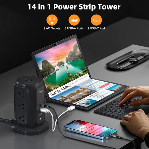 Vista 3 de Regleta de enchufe plano ultradelgada de 6.5 pies 9 Outlets and 5 USB Ports (2 USB C), 1200J Surge Protector, Ultra Thin Extension Cord, 45°