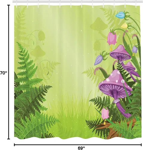 Vista 5 de Ambesonne Cortina de ducha de hongos, paisaje mágico con hongos y flores en el bosque fresco, estampado de dibujos animados, juego de decoración