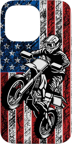 Vista 21 de Funda vintage con bandera estadounidense para iPhone 16 Motocross Dirt Bike