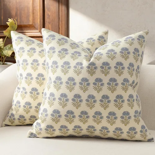 Vista 17 de Juego de 2 fundas de almohada florales de 20 x 20 pulgadas, fundas de almohada con diseño botánico campestre para sofá, cama, sala de estar, fundas