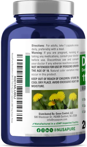 Vista 3 de NusaPure Cápsulas de raíz de diente de león, 112.5 mg, 200 cápsulas vegetales (sin OMG, veganas)