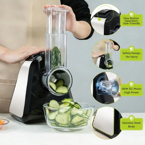 Vista 3 de Mokero Rallador de queso eléctrico 5 en 1 para queso, triturador automático de queso de cocina y tirador de ensaladas, picador de verduras fácil