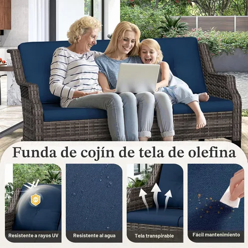 Vista 3 de Sofá de mimbre para patio al aire libre, sofá de 3 plazas, sofá de ratán con asiento profundo y cojines de olefina, respaldo alto, todo tipo de Azul
