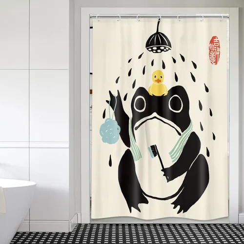 Vista 3 de Juego Divertido de Cortina de Rana Retro para Ducha, Juego de Baño 48x71 Pulgadas, Estilo Asiático Lindo, Arte Japonés Tradicional de Pato de Goma