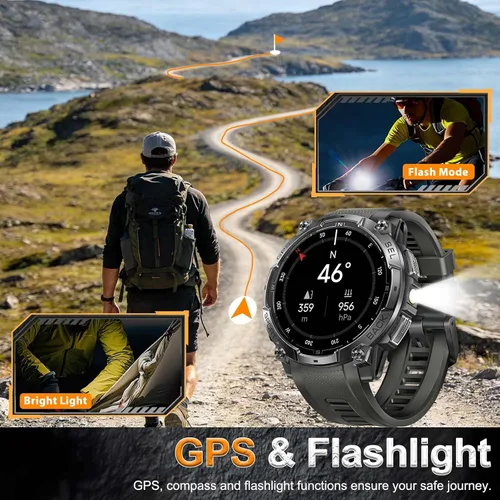 Vista 3 de Relojes inteligentes militares para hombres con GPS integrado de 1.43 pulgadas, pantalla AMOLED de 3 ATM, resistente al agua, reloj inteligente