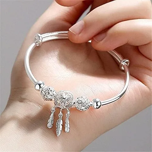 Vista 2 de Ounmax Pulsera de plata de ley 925 hecha a mano vintage con atrapasueños, pulsera ajustable tallada para regalo para mujeres en cumpleaños