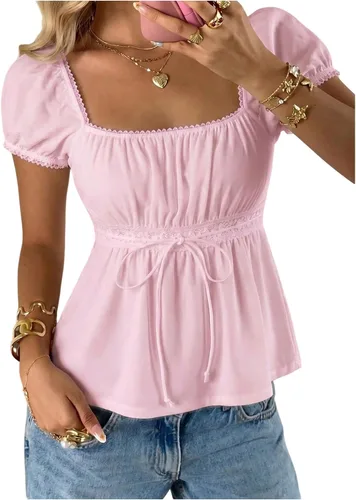 Vista 20 de SOLY HUX Blusa de verano de manga corta para mujer Blanco sólido