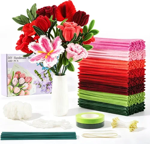Vista 20 de 400 Pcs Pipe Cleaners Craft for Flowers, 5 Colored Pipe Cleaner Flower Kit Rosa Purpl