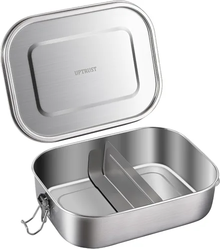 Vista 10 de UPTRUST Fiambrera Bento de acero inoxidable, 3 compartimentos, caja Bento de metal grande de 47.3 fl oz para niños o adultos, contenedor con clips