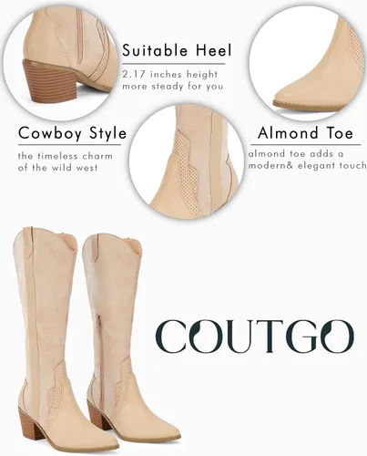 Vista 7 de Coutgo Botas vaqueras hasta la rodilla para mujer, botas vaqueras occidentales con punta ancha y punta puntiaguda