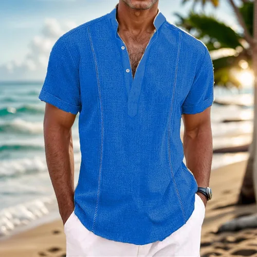 Vista 2 de Camisas de guayabera cubana para hombre, camisa casual de lino de manga corta, camisas mexicanas hawaianas con botones para playa y verano 2025