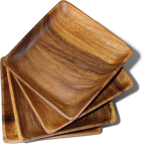 Vista 12 de Platos cuadrados de madera de acacia, 6 pulgadas, postre, aperitivos y pan