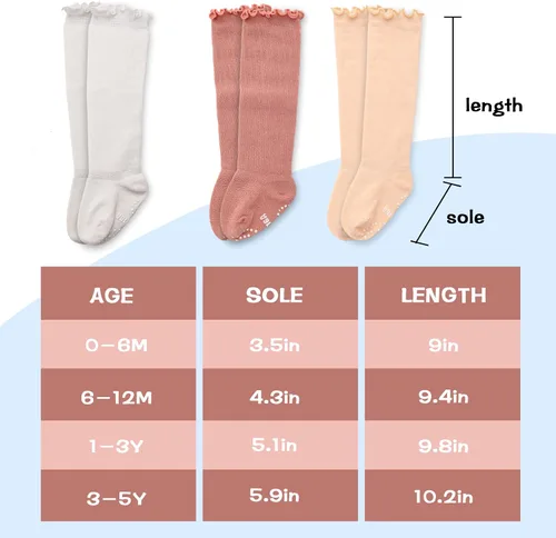 Vista 7 de Aaronano Calcetines hasta la rodilla para bebé niña, calcetines antideslizantes para niños pequeños, tubo con volantes, uniforme para recién